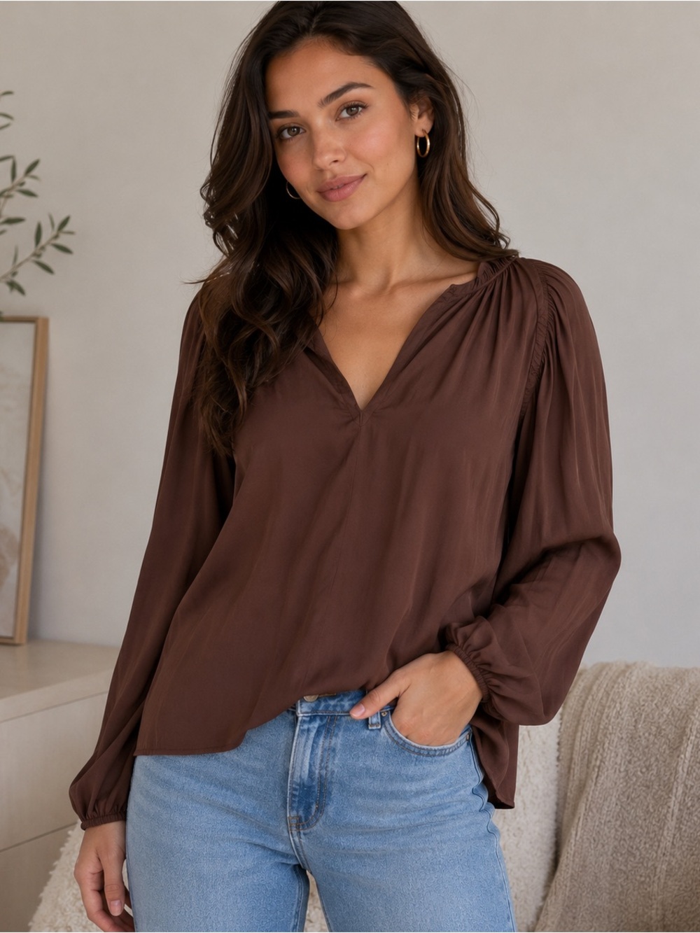 Grade & Gather Brown Satin‎ Peasant Blouse Size Medium